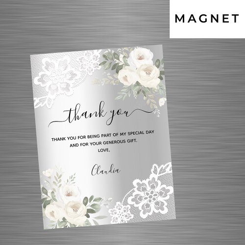 Silver white florals lace thank you card magnet