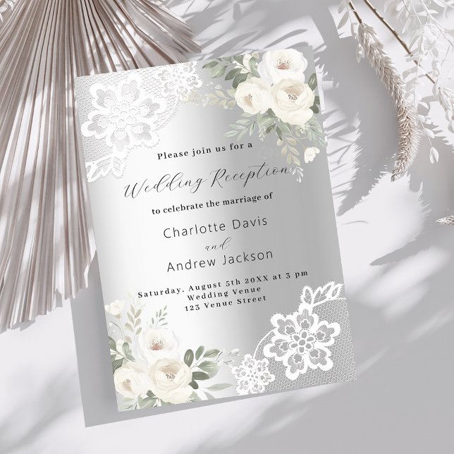 Silver white florals lace wedding reception invitation (Creator Uploaded)