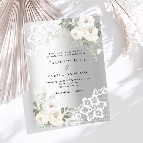 Silver white florals luxury wedding invitation