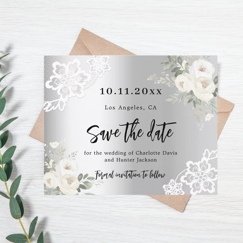 Silver white florals wedding Save the Date card