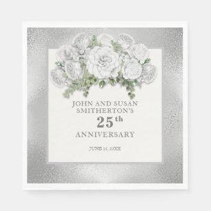 Silver White Flowers 25th Wedding Anniversary Napkins