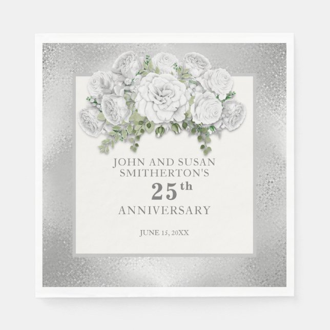 Silver White Flowers 25th Wedding Anniversary Napkins (Front)