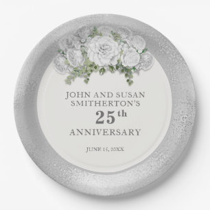 Silver White Flowers 25th Wedding Anniversary Paper Plates