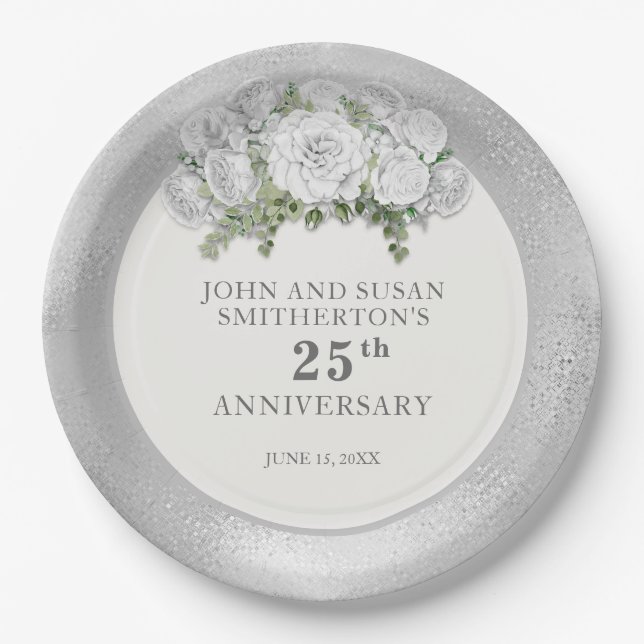 Silver White Flowers 25th Wedding Anniversary Paper Plates (Front)
