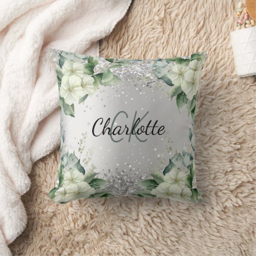 Silver white flowers elegant monogram name throw pillow