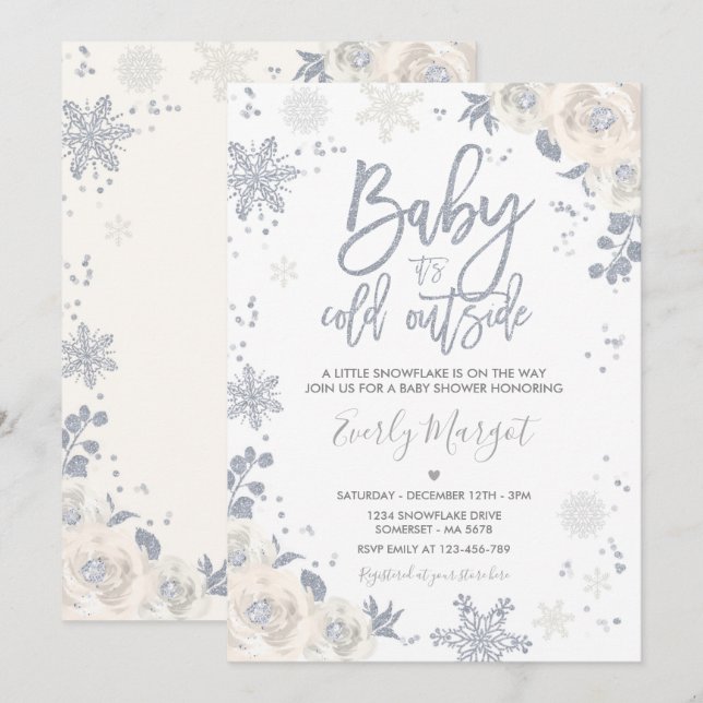 Silver White Gender Neutral Winter Baby Shower Invitation (Front/Back)