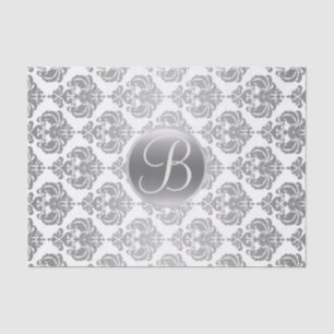 Silver White Glam Damask Monogram Letter Initial Tissue Paper