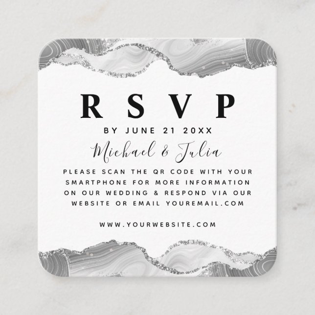 Silver White Glitter Agate Wedding QR Code RSVP Enclosure Card (Front)
