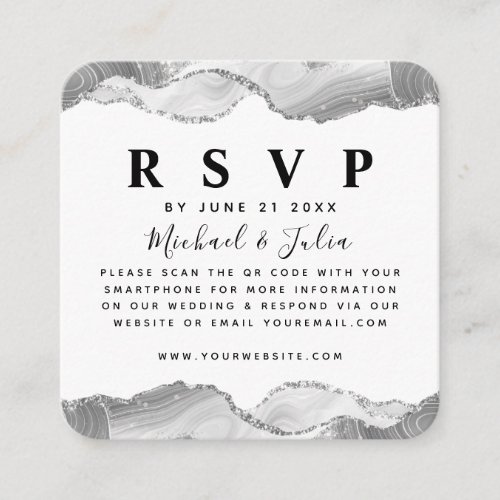 Silver White Glitter Agate Wedding QR Code RSVP Enclosure Card