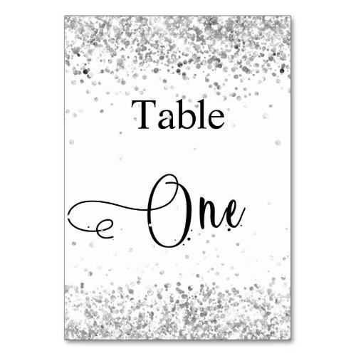 Silver white glitter calligraphy table one table number