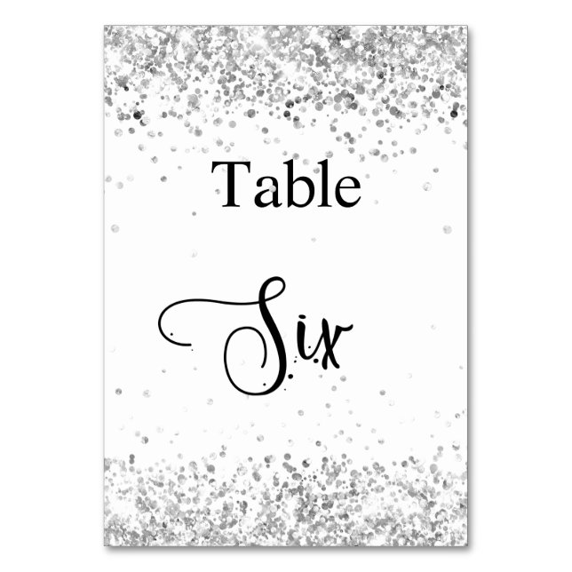 Silver white glitter calligraphy table six 6 number (Front)