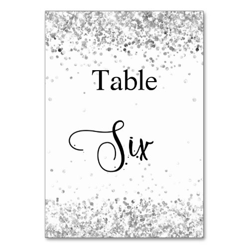 Silver white glitter calligraphy table six 6 table number