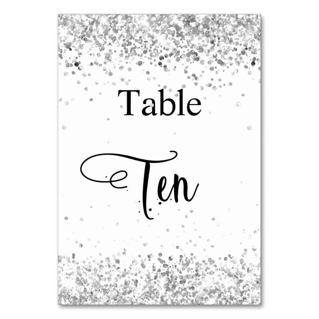 Silver white glitter calligraphy table ten 10 number (Front)