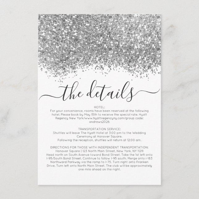 Silver White Glitter Confetti Wedding Details Enclosure Card (Front)