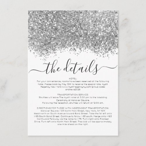 Silver White Glitter Confetti Wedding Details Enclosure Card