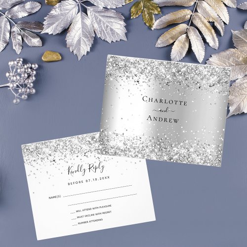 Silver white glitter elegant budget wedding RSVP Flyer