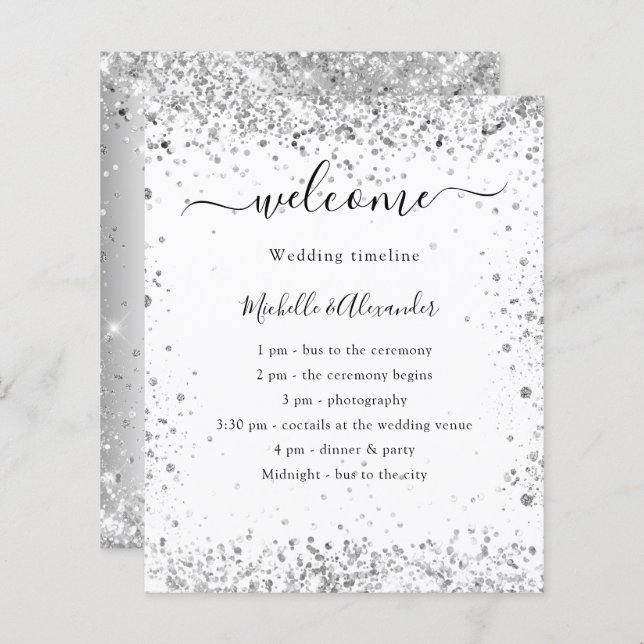 Silver white glitter elegant wedding program (Front/Back)