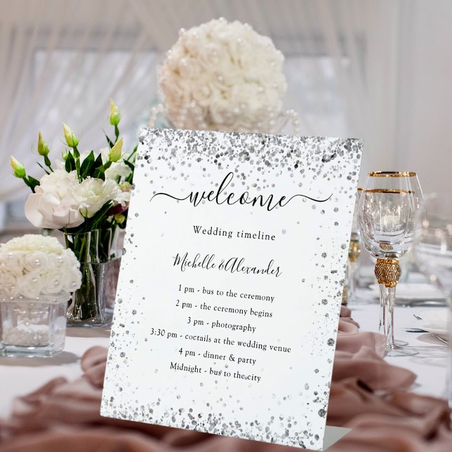 Silver white glitter elegant wedding program pedestal sign (Creator Uploaded)