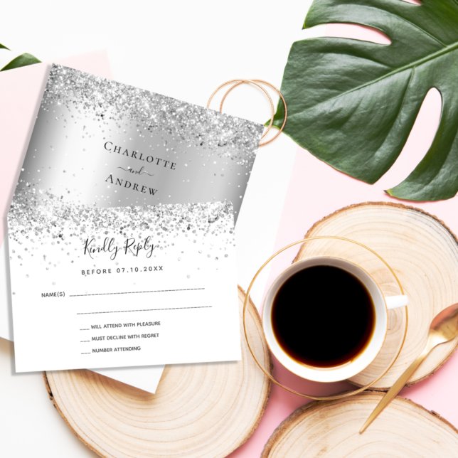 Silver white glitter elegant wedding RSVP Note Card (Creator Uploaded)