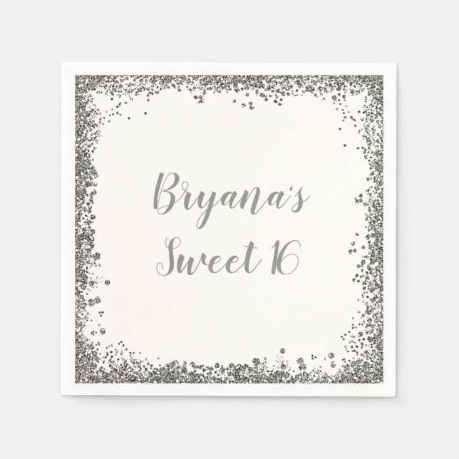 Silver White Glitter Glam Edge Sweet 16 Party Paper Napkins (Front)