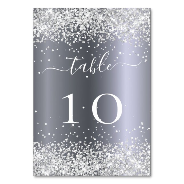 Silver white glitter sparkles glamorous table number (Front)