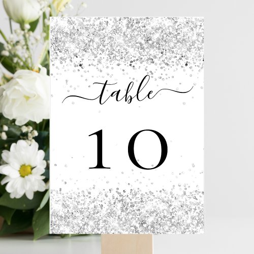 Silver white glitter sparkles glamorous table number