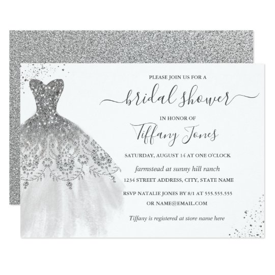 Silver White Glitter Wedding Dress Bridal Shower Invitation
