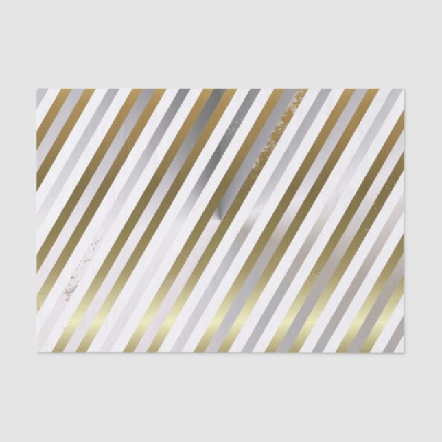 Silver, White, Gold Diagonal Stripe Tissue Paper (Front)
