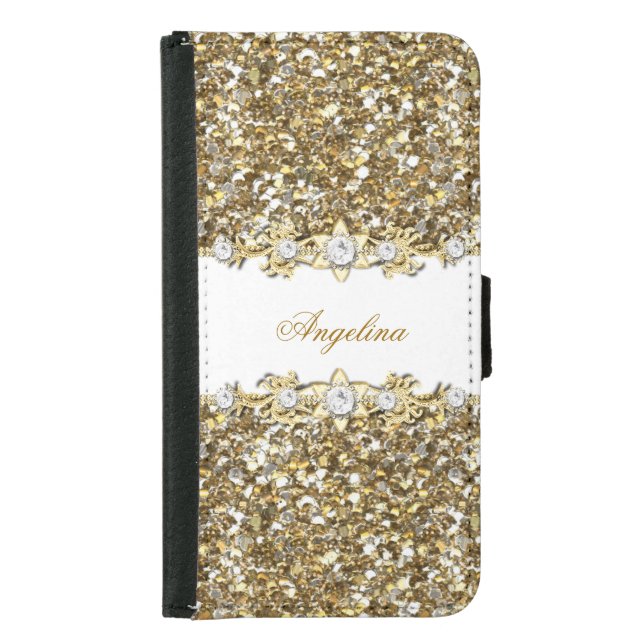 Silver White Gold Diamond Jewel Glitter Samsung Galaxy Wallet Case (Front)