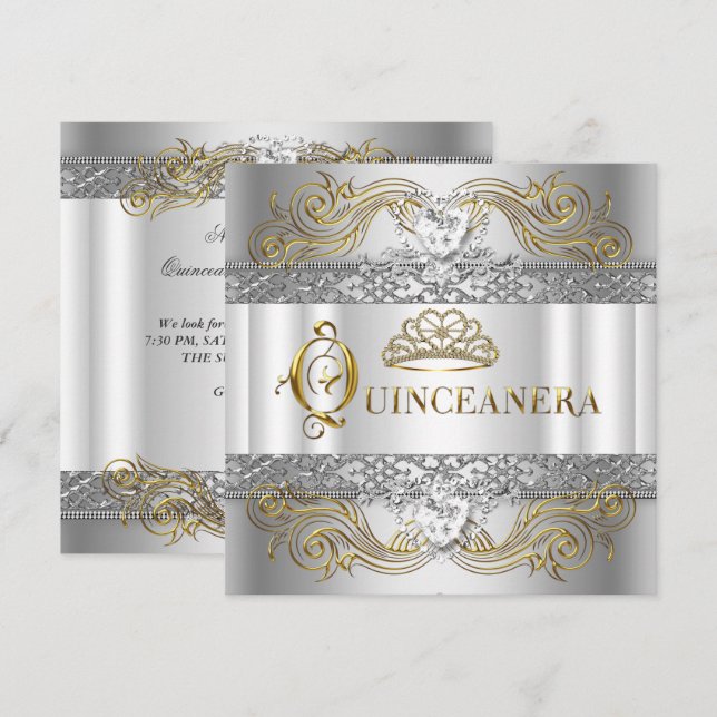 Silver White Gold Quinceanera Birthday Party Invitation (Front/Back)