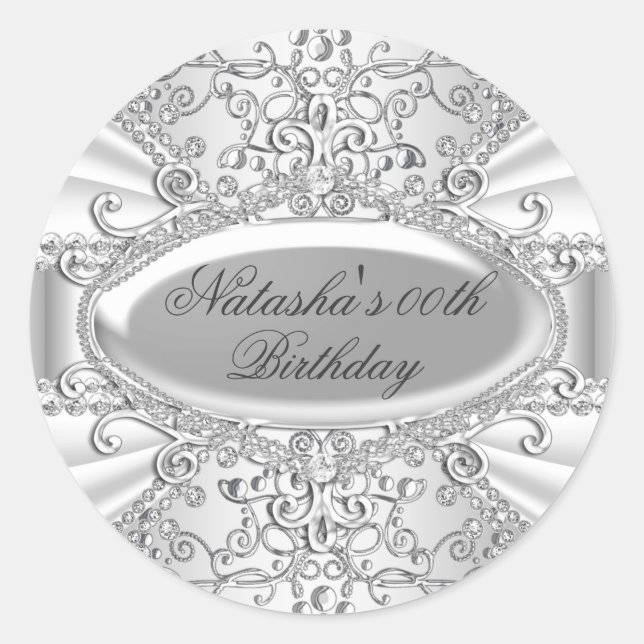 Silver & White Jewel Damask Birthday Sticker (Front)