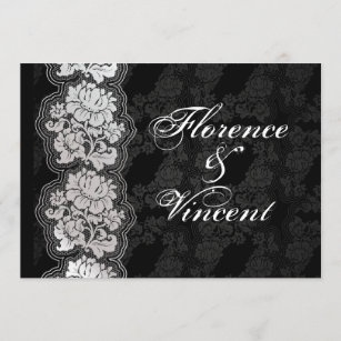 Silver white lace, black damask Wedding Invite