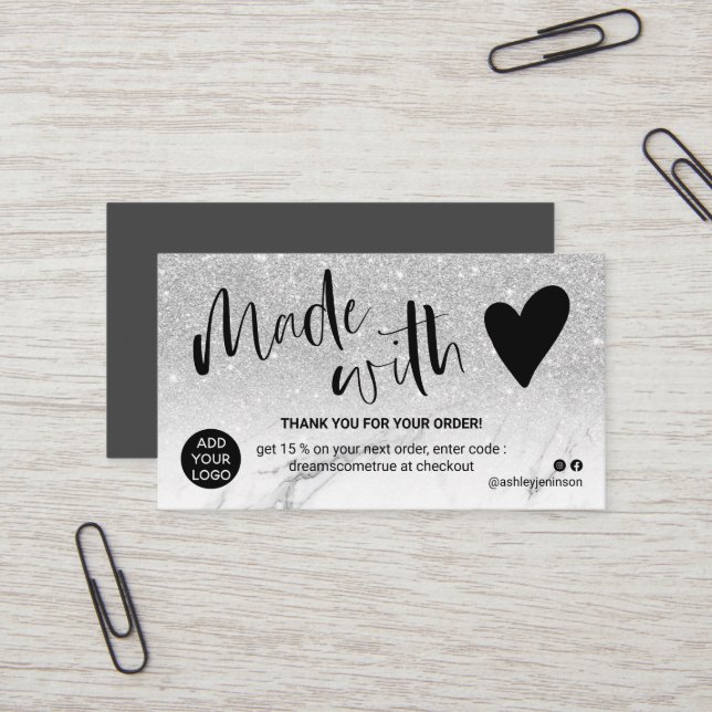 SIlver white marble thank you made with love Business Card (Front/Back In Situ)