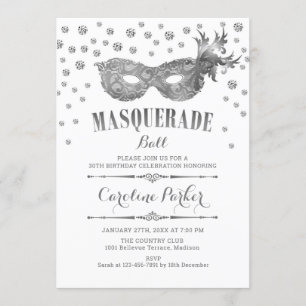 Silver White Masquerade Ball Birthday Party Invitation