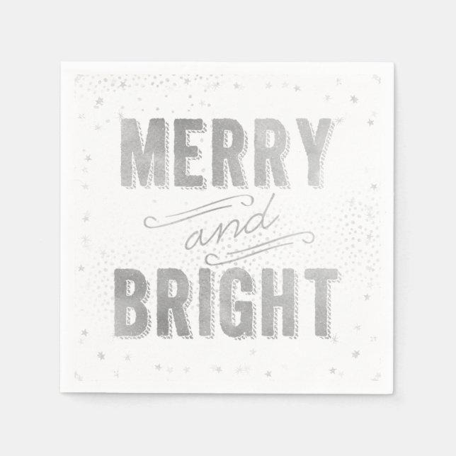Silver & White Merry and Bright Winter Holiday Napkins (Front)