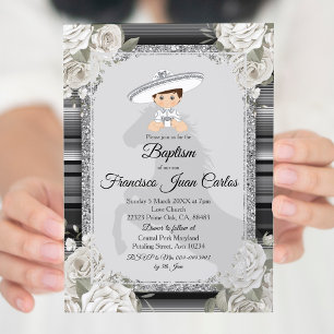 Silver White Mexican Boy Baptism Invitation