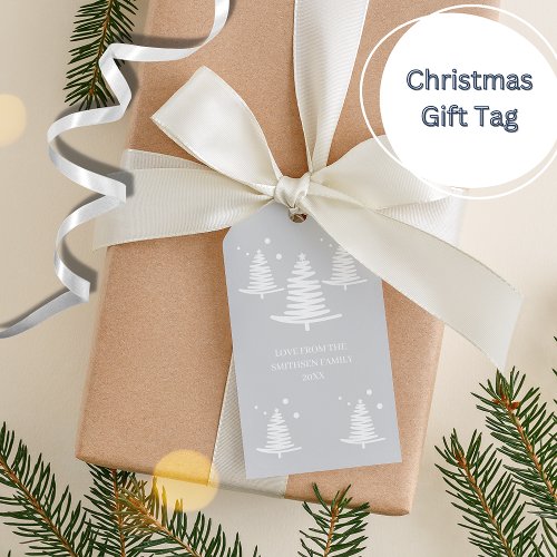 Silver White Minimalist Christmas Trees Gift Tags