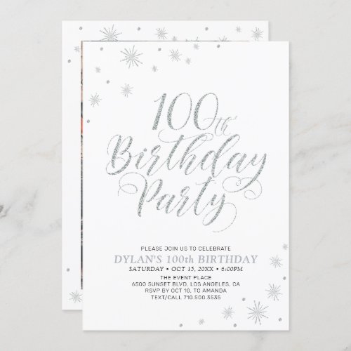 Silver  White  Modern 100th Photo Birthday Party Invitation