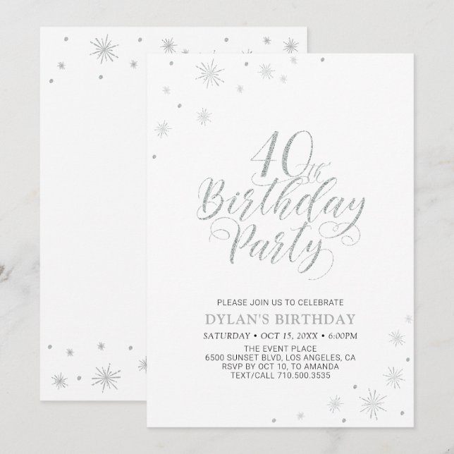 Silver & White | Modern Chic 40th Birthday Party Invitation (Front/Back)