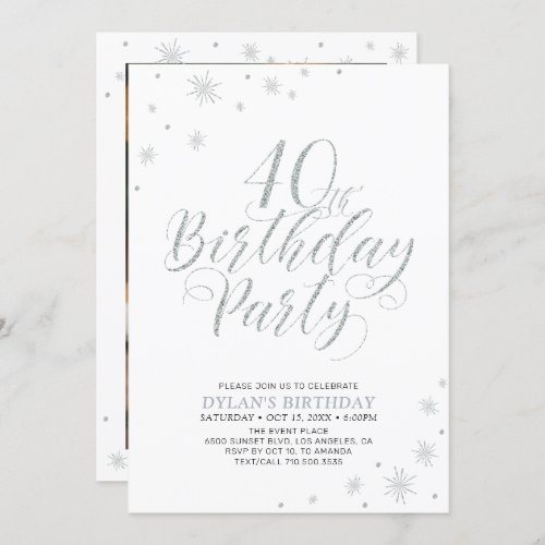 Silver  White  Modern Chic 40th Birthday Party Invitation