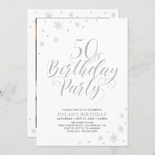 Silver  White  Modern Chic 50th Birthday Party Invitation