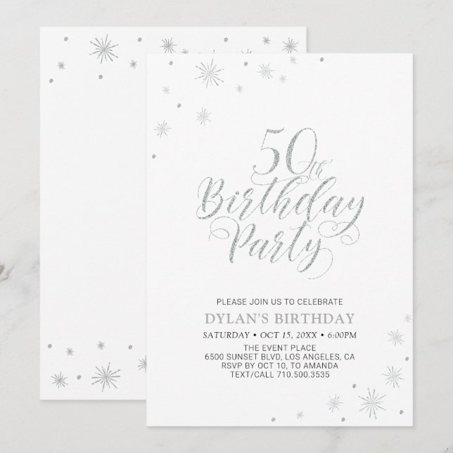 Silver & White | Modern Chic 50th Birthday Party Invitation (Front/Back)