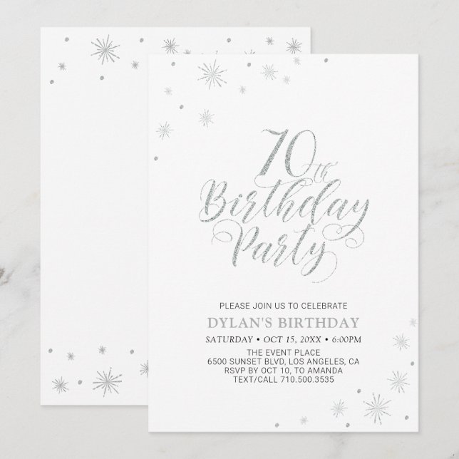 Silver & White | Modern Chic 70th Birthday Party Invitation (Front/Back)