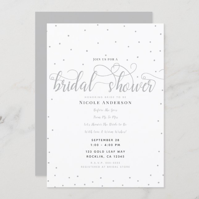 Silver & White Modern Minimal Script Bridal Shower Invitation (Front/Back)