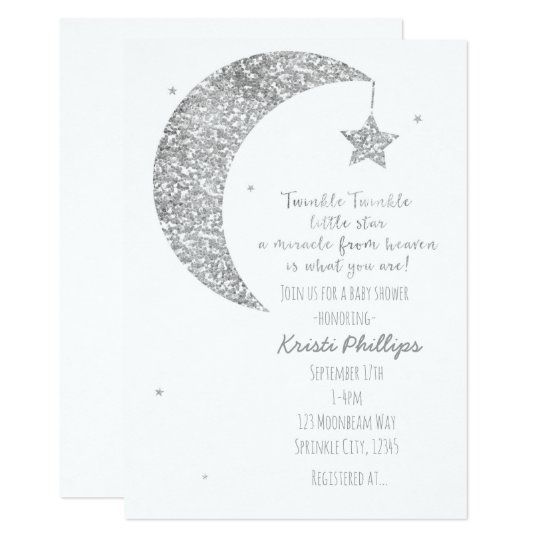 Silver White Moon Stars Baby Shower Invitations Zazzle Com