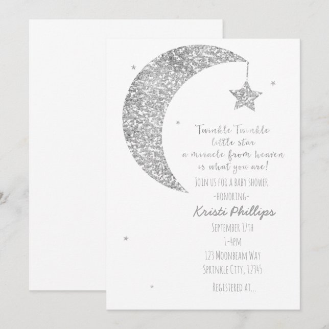 Silver White Moon & Stars Baby Shower Invitations (Front/Back)