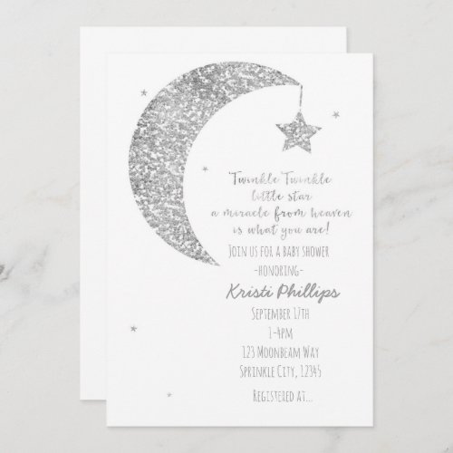 Silver White Moon  Stars Baby Shower Invitations