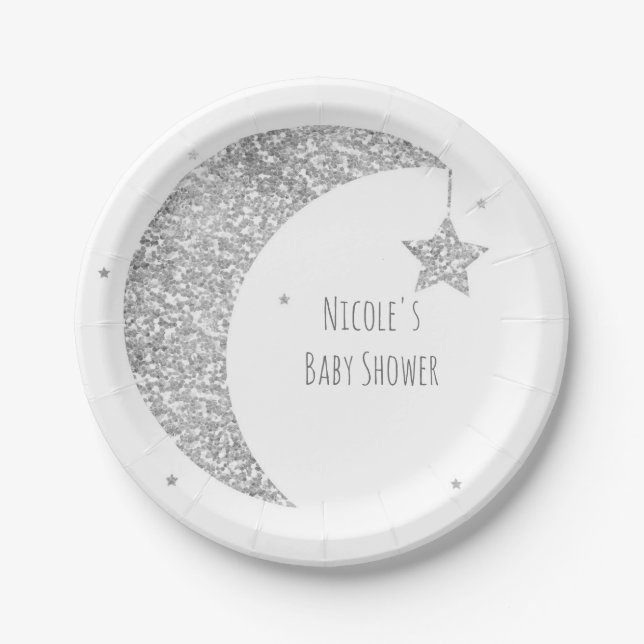 Silver & White Moon & Stars Baby Shower Paper Plates (Front)