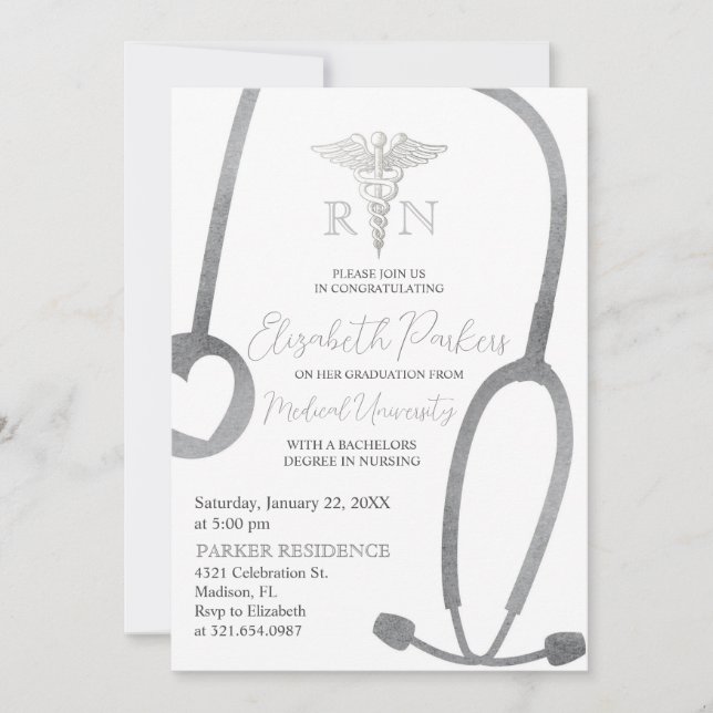 Silver White Nursing School Graduation Party Invitation (Front)