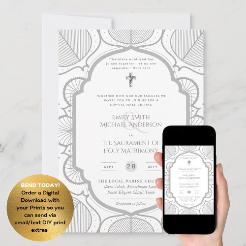 Silver White Ornate Catholic Nuptial Mass Wedding Invitation